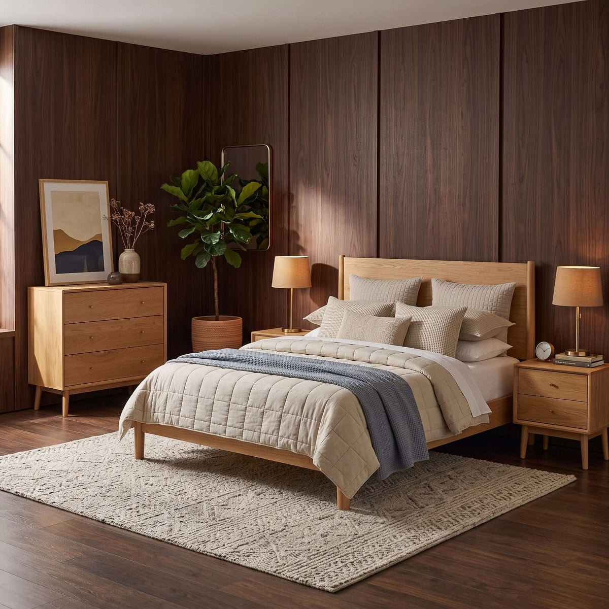 Fishe & Lilly Wright Oak Chest of 3 Drawers in an elegant mid-century bedroom setting.