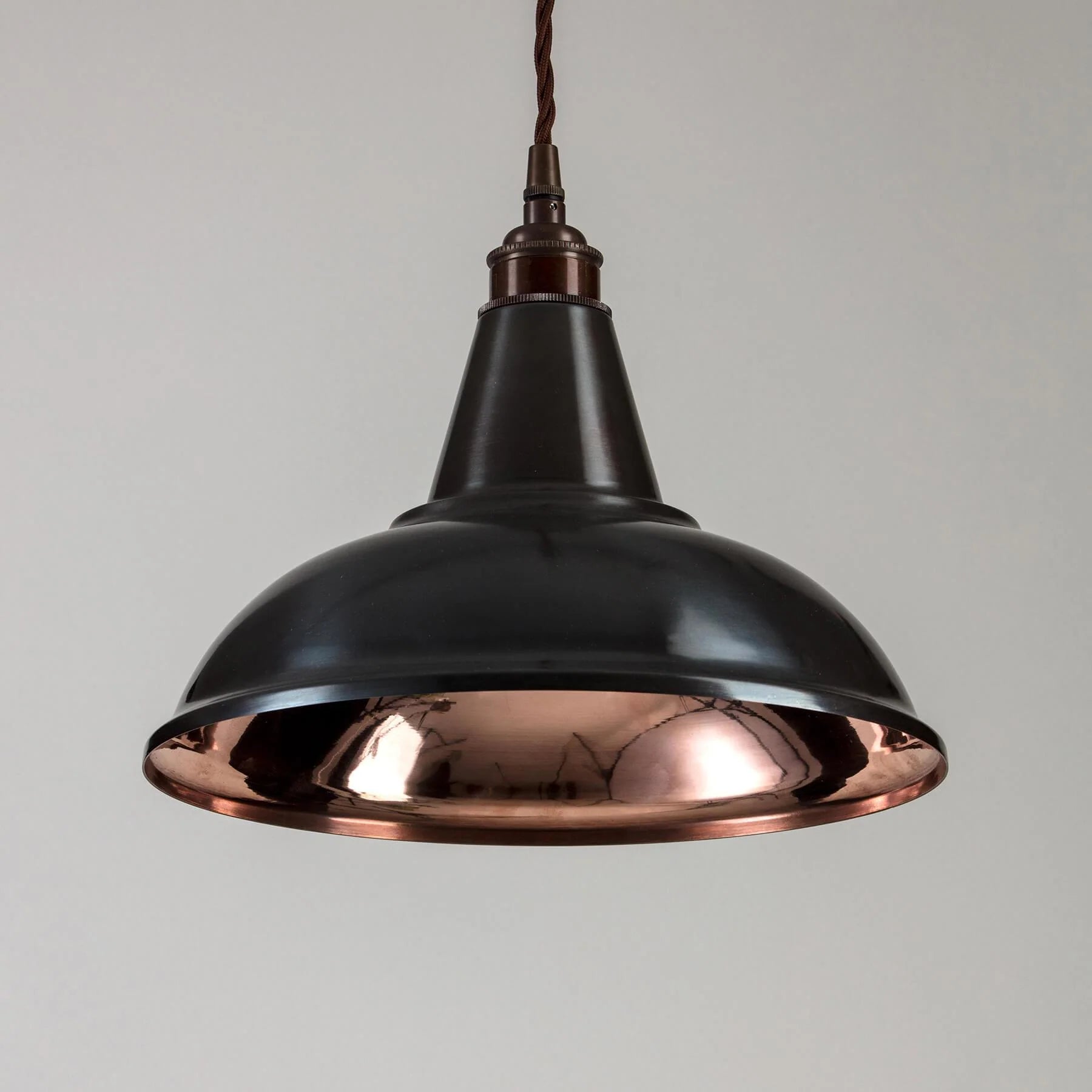 Old School Electric Factory Pendant Light - Raw Steel with Copper Interior - Polished Nickel