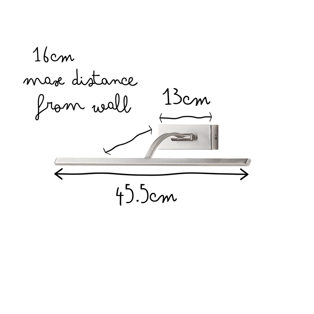 Pooky - Blake Dimmable Picture Light - Medium - Brushed Chrome Finish dimensions with max distance from wall measurements.