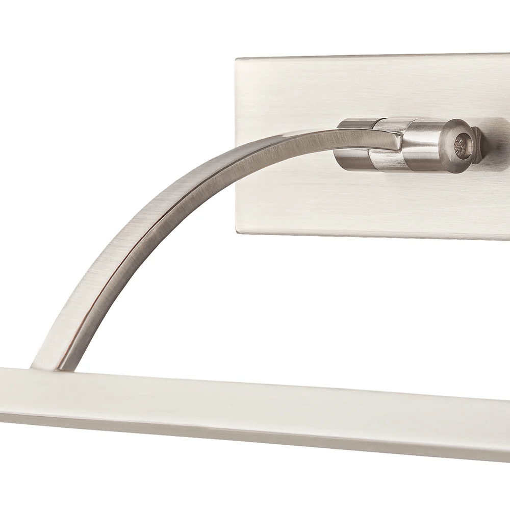 Pooky - Blake Dimmable Picture Light - Medium - Brushed Chrome Finish close-up of the curved arm and mounting detail.
