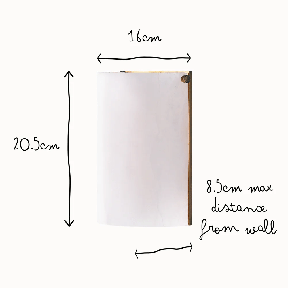 Dimensions of Pooky - Zeno Alabaster Wall Light: 16cm width, 20.5cm height, 8.5cm from wall.
