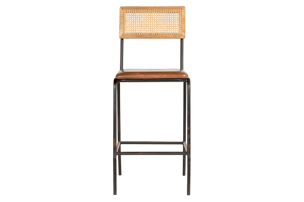 Nkuku - Iswa Leather & Cane Counter Chair - Aged Tan