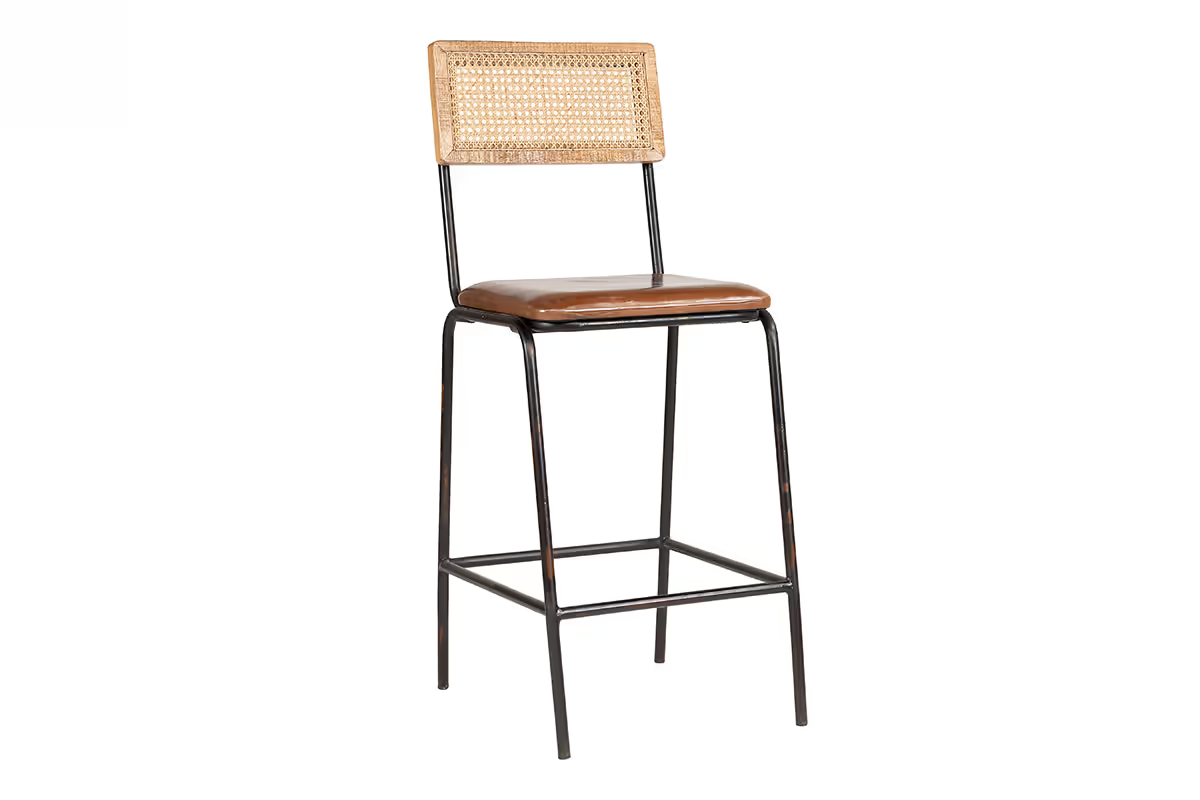 Nkuku - Iswa Leather & Cane Counter Chair - Aged Tan