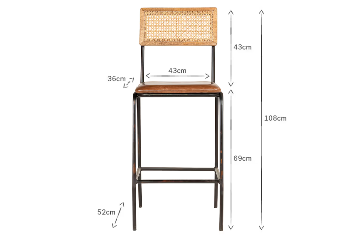 Nkuku - Iswa Leather & Cane Counter Chair - Aged Tan