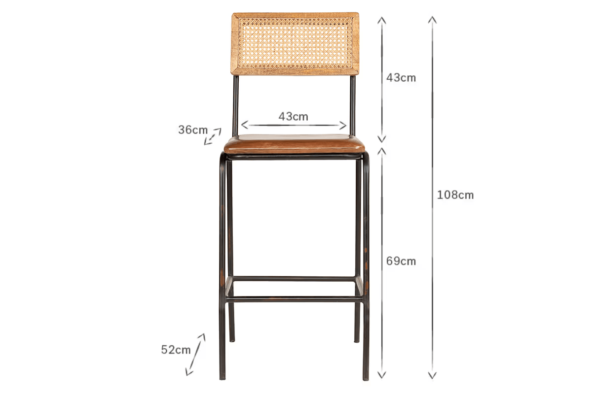 Nkuku - Iswa Leather & Cane Counter Chair - Aged Tan