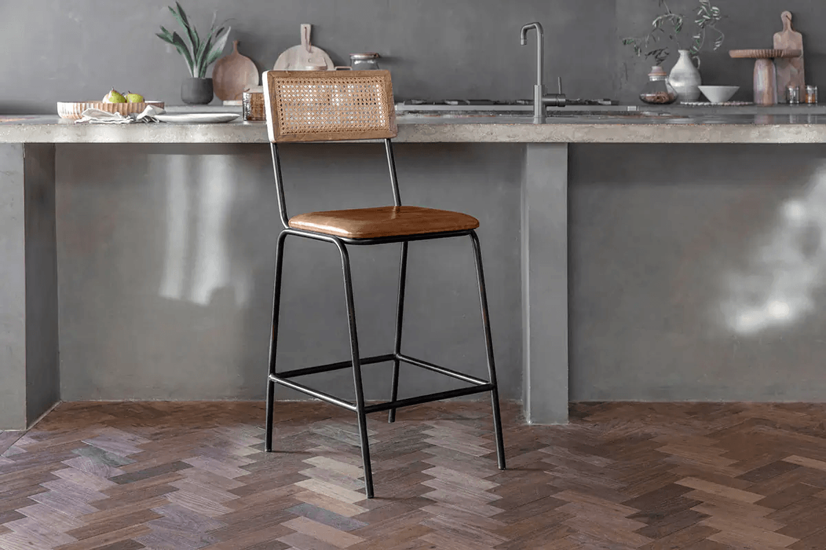 Nkuku - Iswa Leather & Cane Counter Chair - Aged Tan