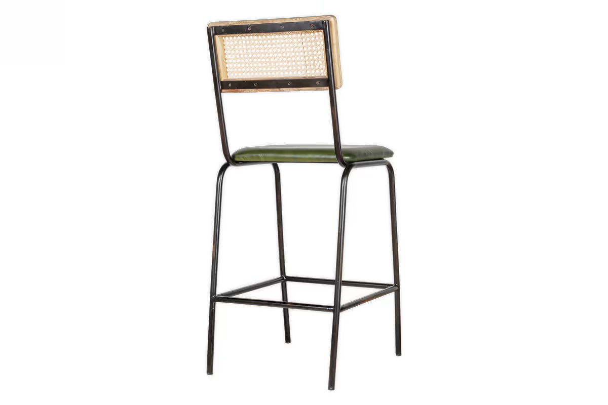 Nkuku - Iswa Leather & Cane Counter Chair - Rich Green