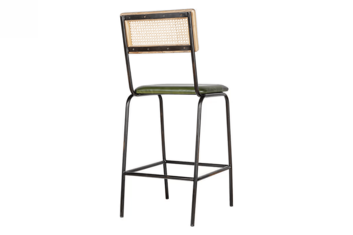 Nkuku - Iswa Leather & Cane Counter Chair - Rich Green
