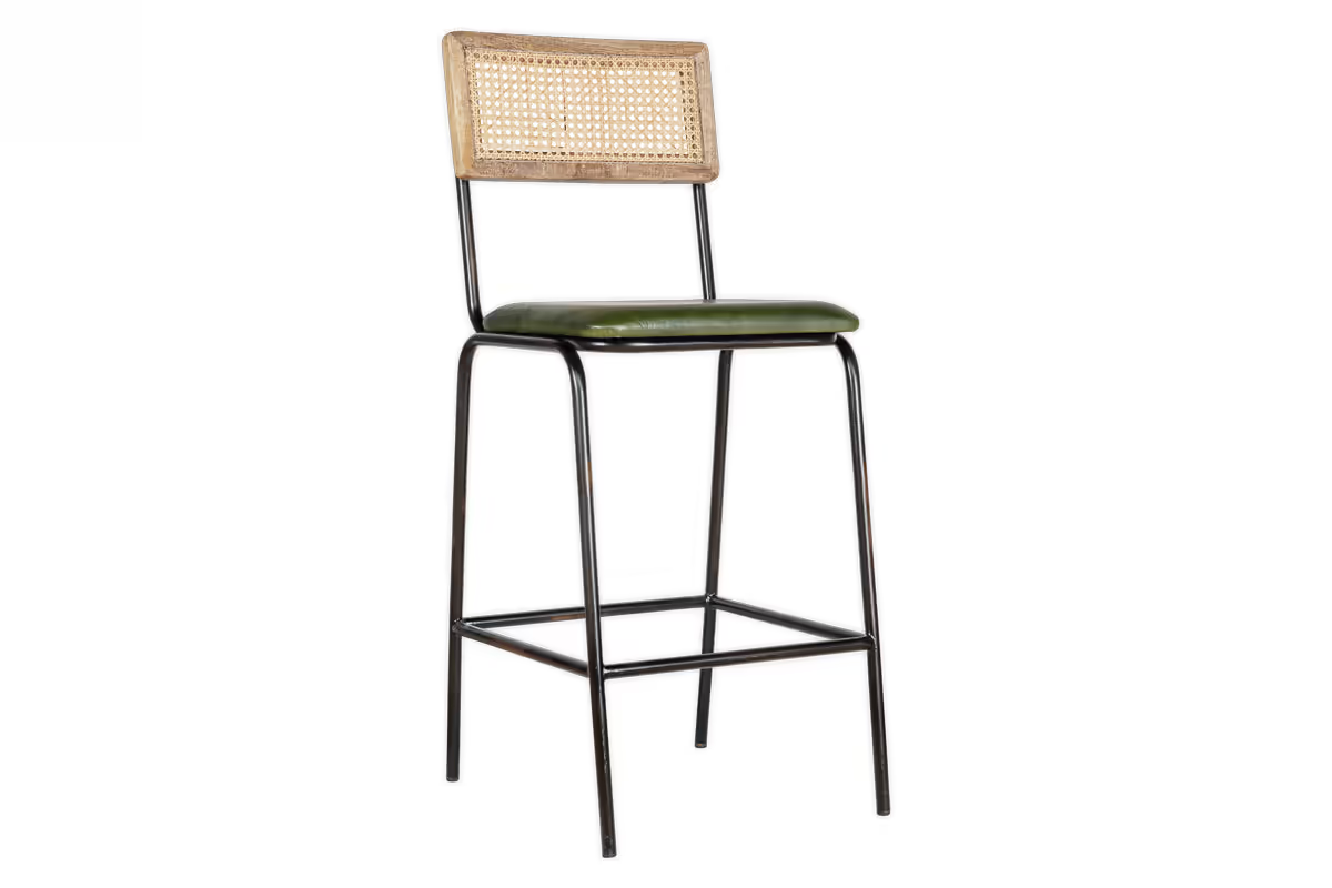 Nkuku - Iswa Leather & Cane Counter Chair - Rich Green