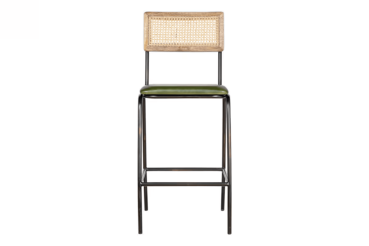Nkuku - Iswa Leather & Cane Counter Chair - Rich Green