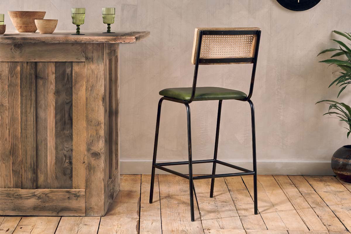 Nkuku - Iswa Leather & Cane Counter Chair - Rich Green