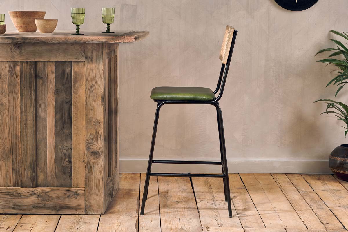 Nkuku - Iswa Leather & Cane Counter Chair - Rich Green