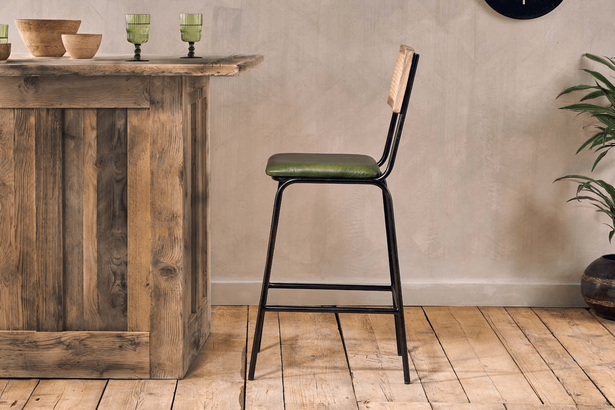Nkuku - Iswa Leather & Cane Counter Chair - Rich Green