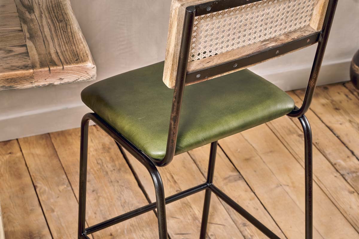 Nkuku - Iswa Leather & Cane Counter Chair - Rich Green