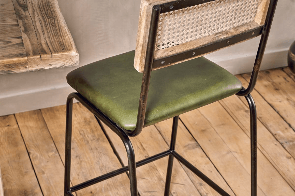 Nkuku - Iswa Leather & Cane Counter Chair - Rich Green