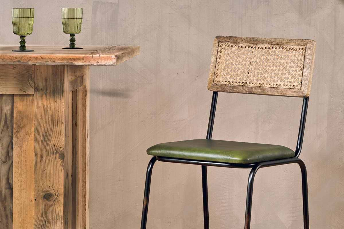 Nkuku - Iswa Leather & Cane Counter Chair - Rich Green