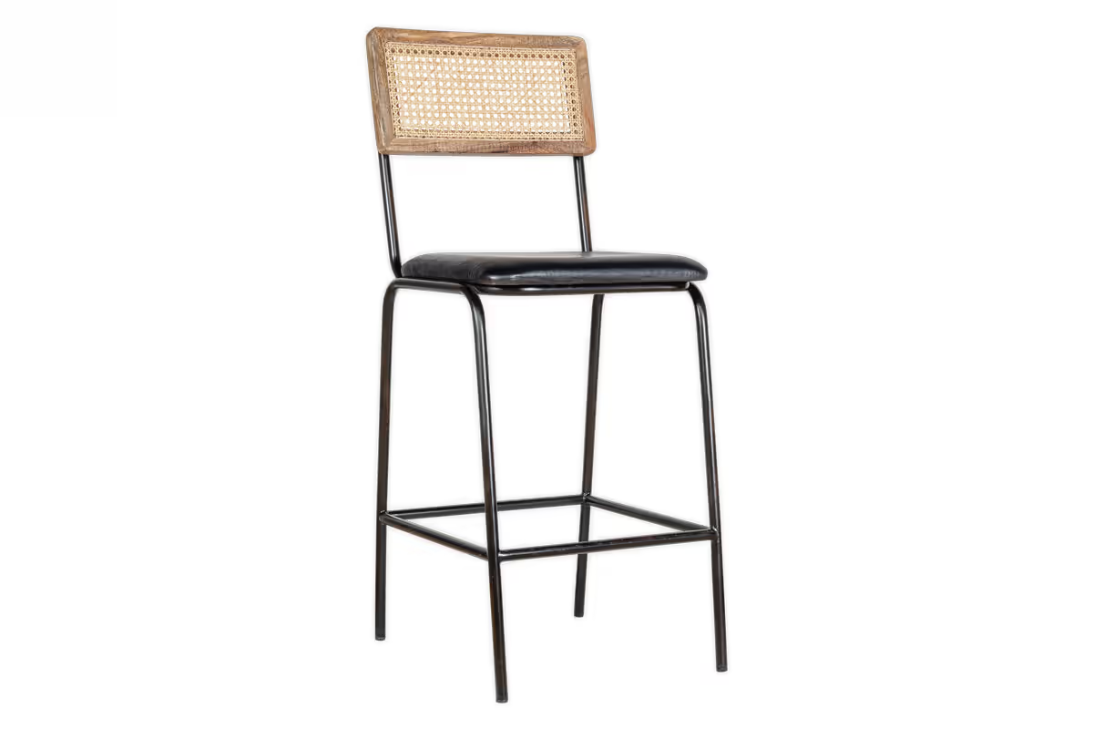 Nkuku - Iswa Leather & Cane Counter Chair - Aged Black