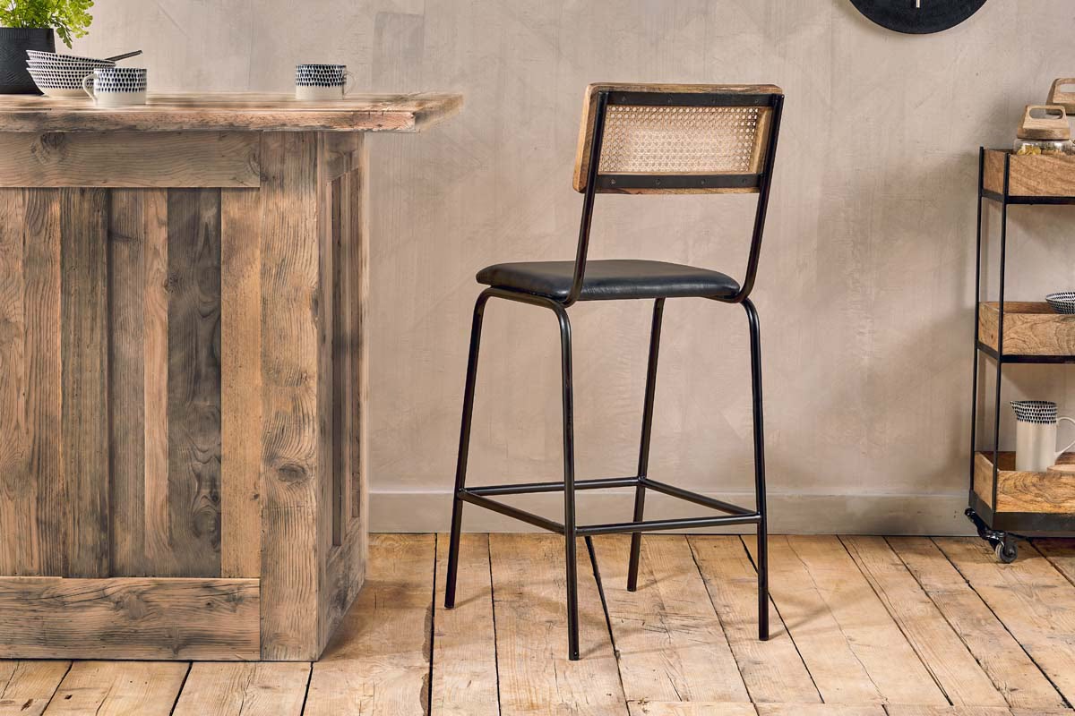 Nkuku - Iswa Leather & Cane Counter Chair - Aged Black