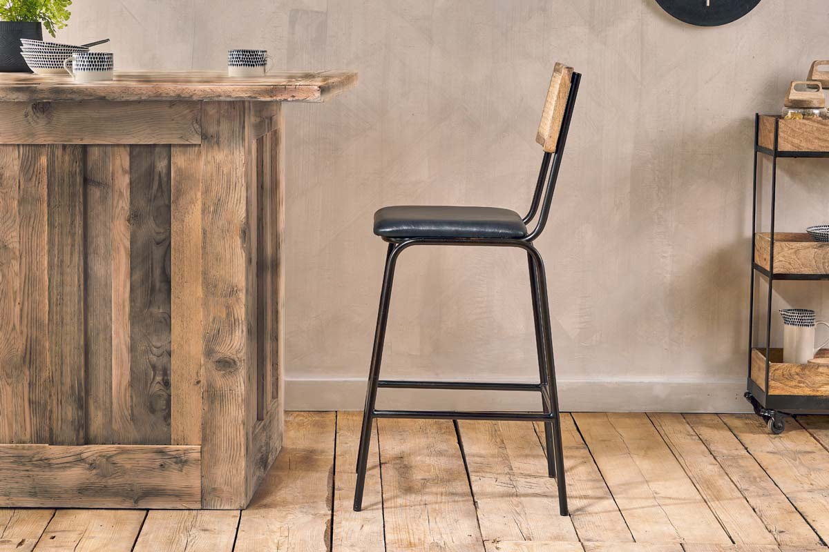 Nkuku - Iswa Leather & Cane Counter Chair - Aged Black