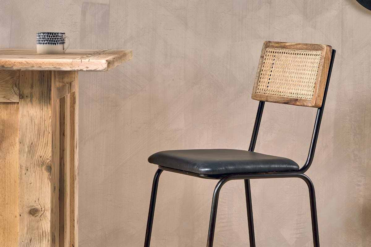 Nkuku - Iswa Leather & Cane Counter Chair - Aged Black