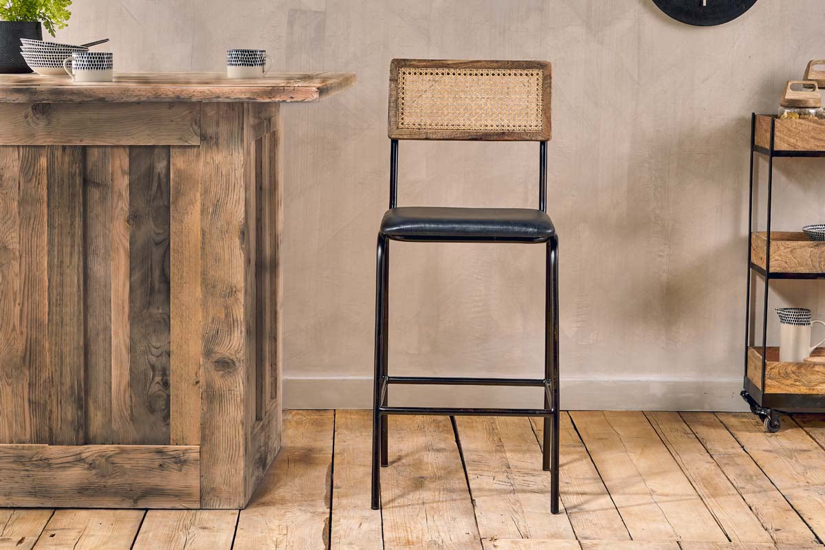 Nkuku - Iswa Leather & Cane Counter Chair - Aged Black