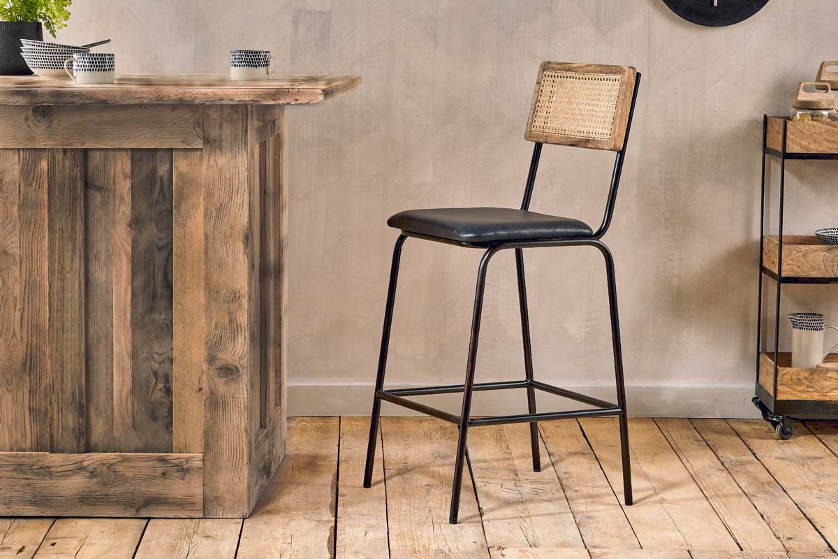 Nkuku - Iswa Leather & Cane Counter Chair - Aged Black