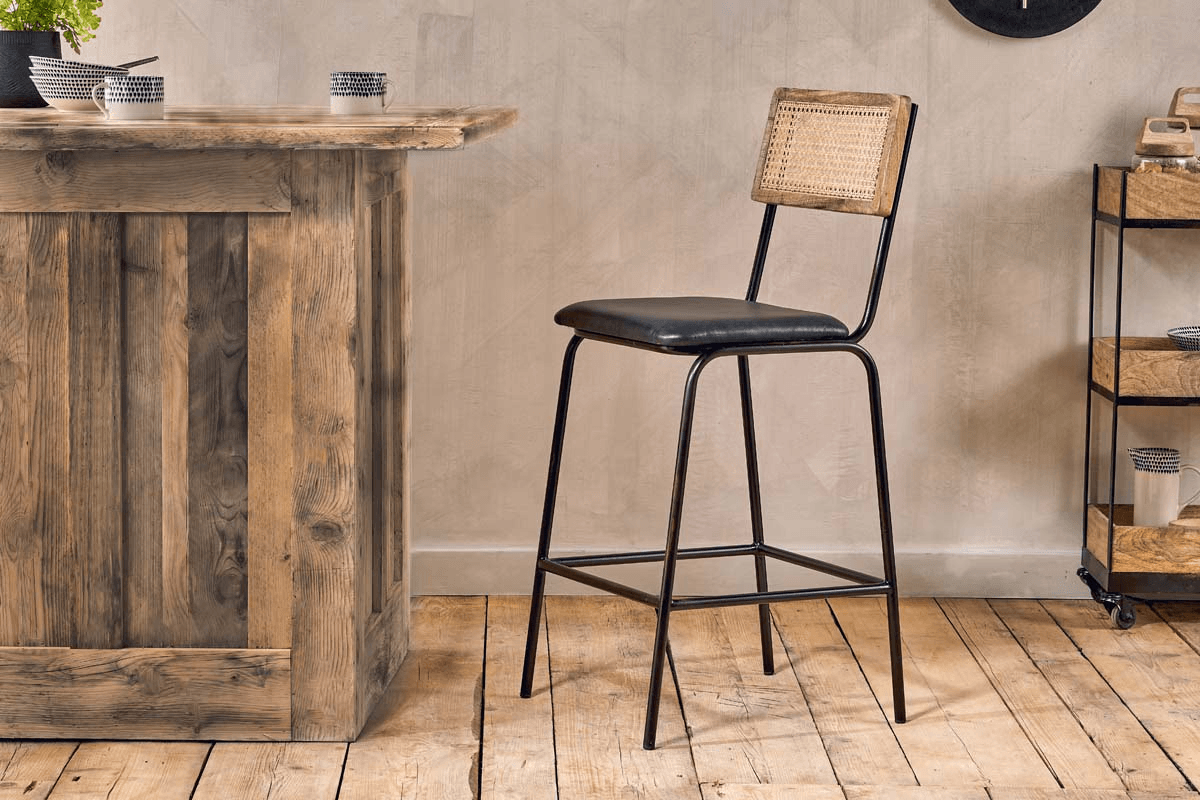 Nkuku - Iswa Leather & Cane Counter Chair - Aged Black