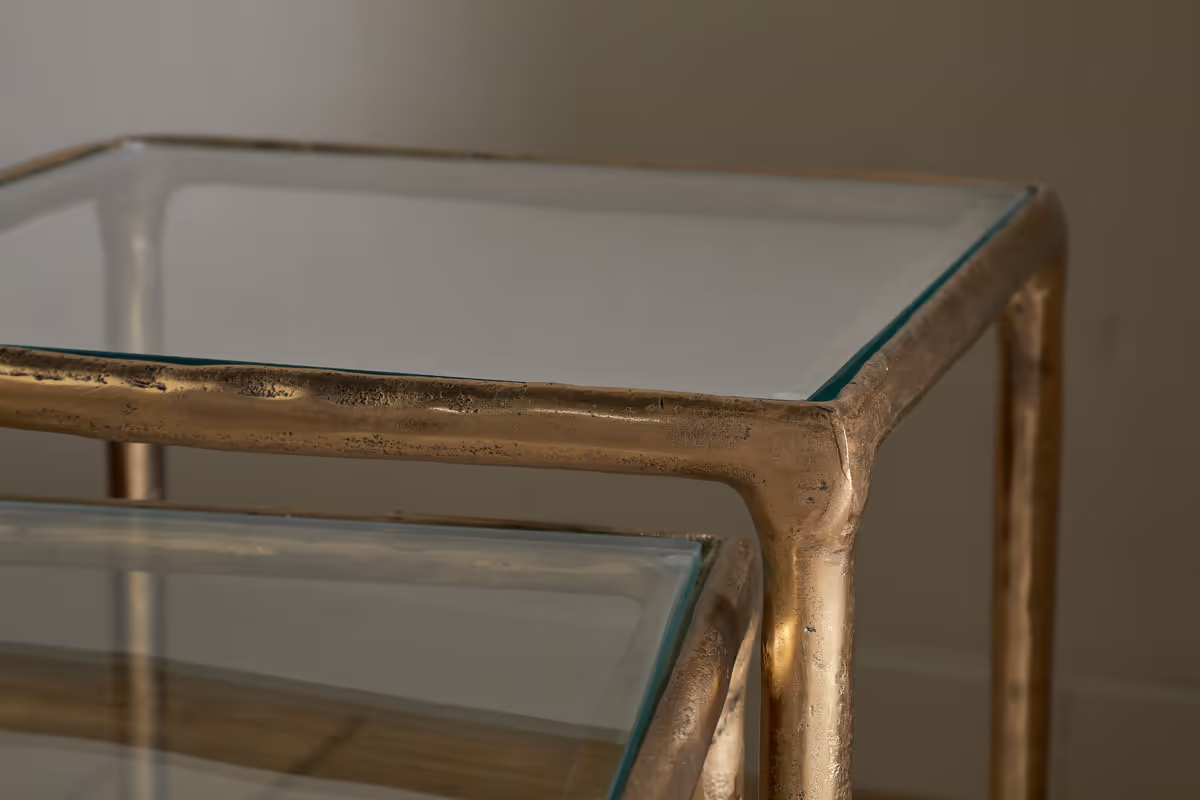 Nkuku - Gilasi Cast Metal & Glass Nesting Side Tables - Antique Brass (Set of 2)