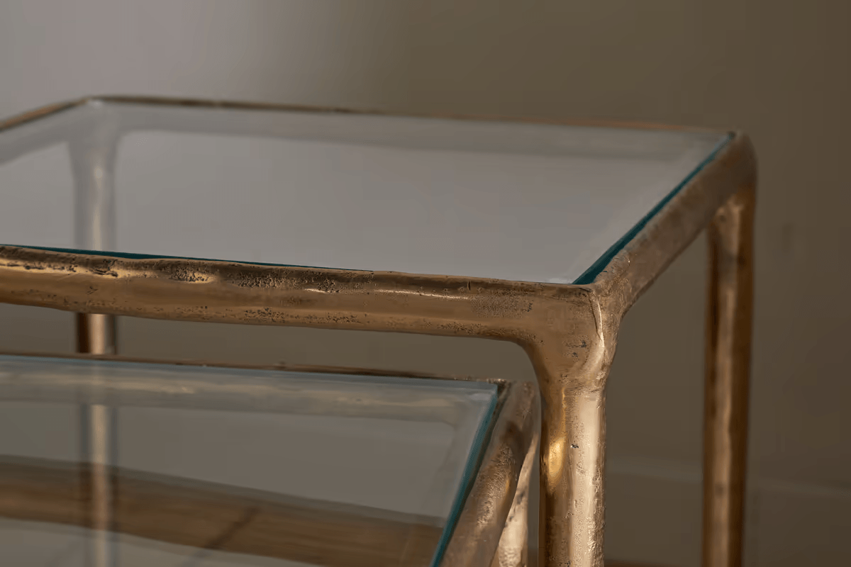 Nkuku - Gilasi Cast Metal & Glass Nesting Side Tables - Antique Brass (Set of 2)