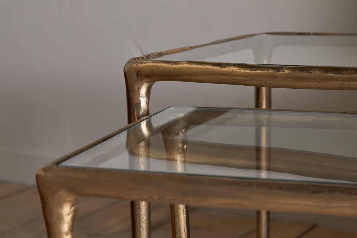 Nkuku - Gilasi Cast Metal & Glass Nesting Side Tables - Antique Brass (Set of 2)