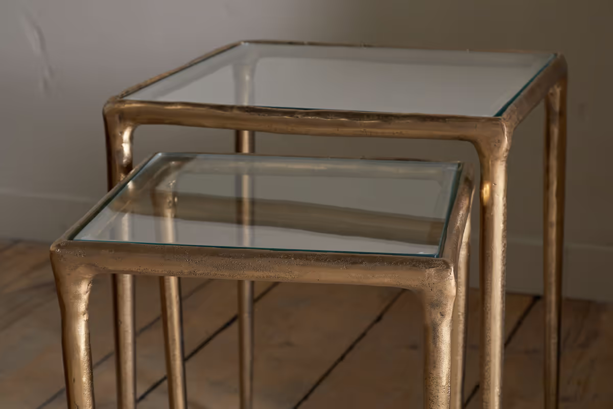 Nkuku - Gilasi Cast Metal & Glass Nesting Side Tables - Antique Brass (Set of 2)