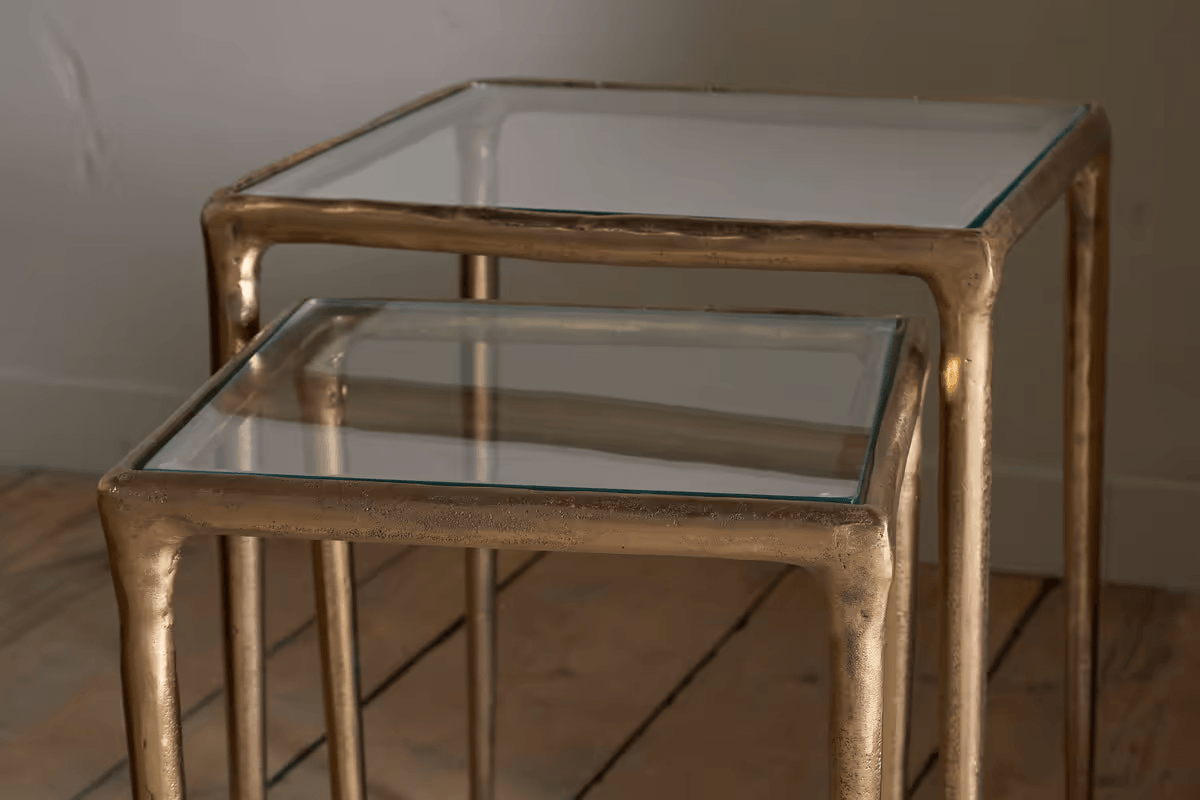 Nkuku - Gilasi Cast Metal & Glass Nesting Side Tables - Antique Brass (Set of 2)