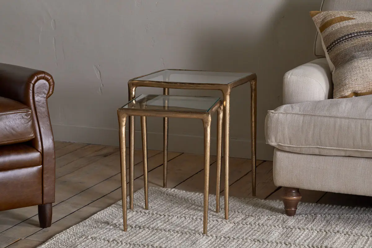 Nkuku - Gilasi Cast Metal & Glass Nesting Side Tables - Antique Brass (Set of 2)