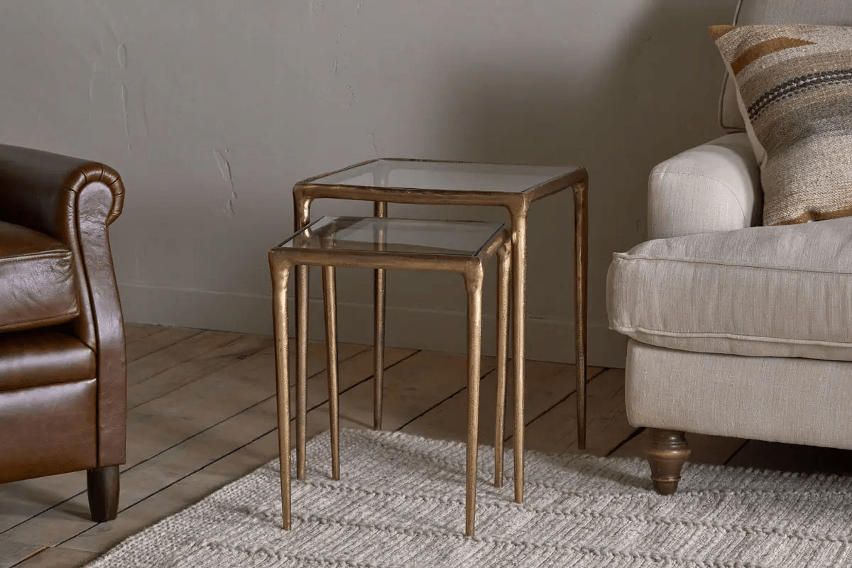 Nkuku - Gilasi Cast Metal & Glass Nesting Side Tables - Antique Brass (Set of 2)
