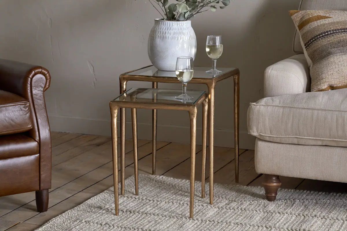 Nkuku - Gilasi Cast Metal & Glass Nesting Side Tables - Antique Brass (Set of 2)