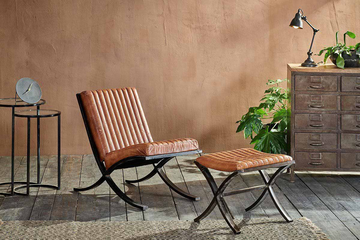 Nkuku - Narwana Ribbed Leather Footstool - Aged Tan