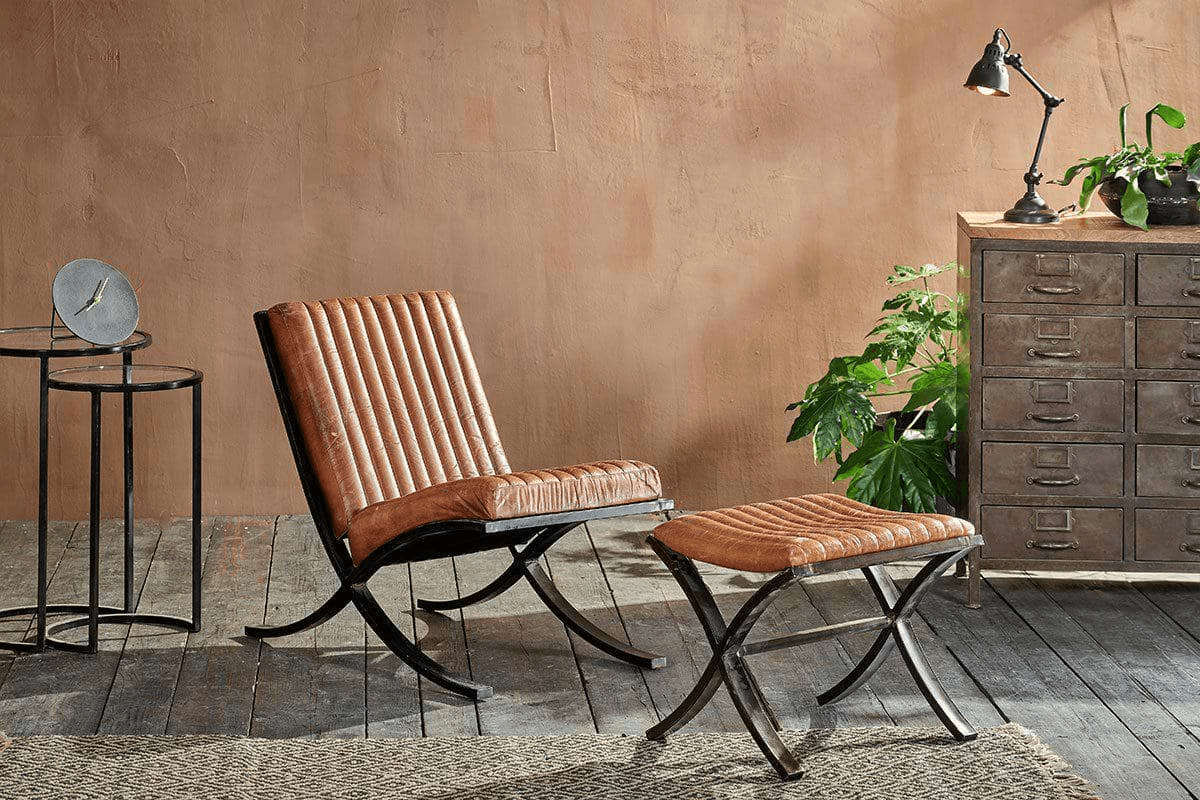 Nkuku - Narwana Ribbed Leather Footstool - Aged Tan
