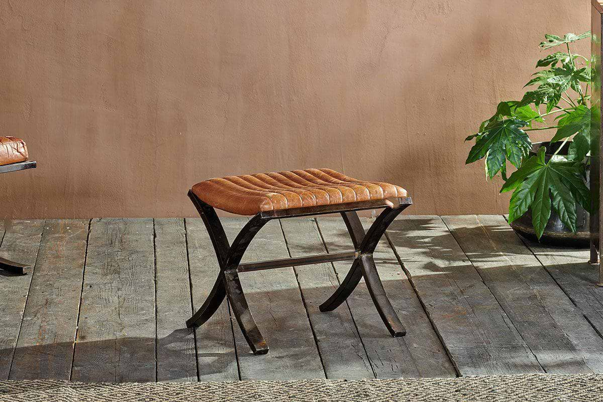 Nkuku - Narwana Ribbed Leather Footstool - Aged Tan