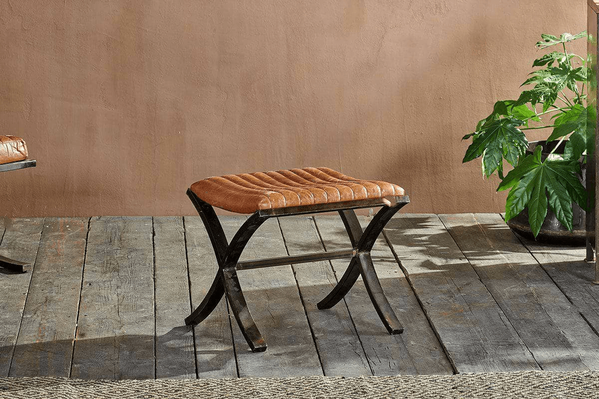 Nkuku - Narwana Ribbed Leather Footstool - Aged Tan