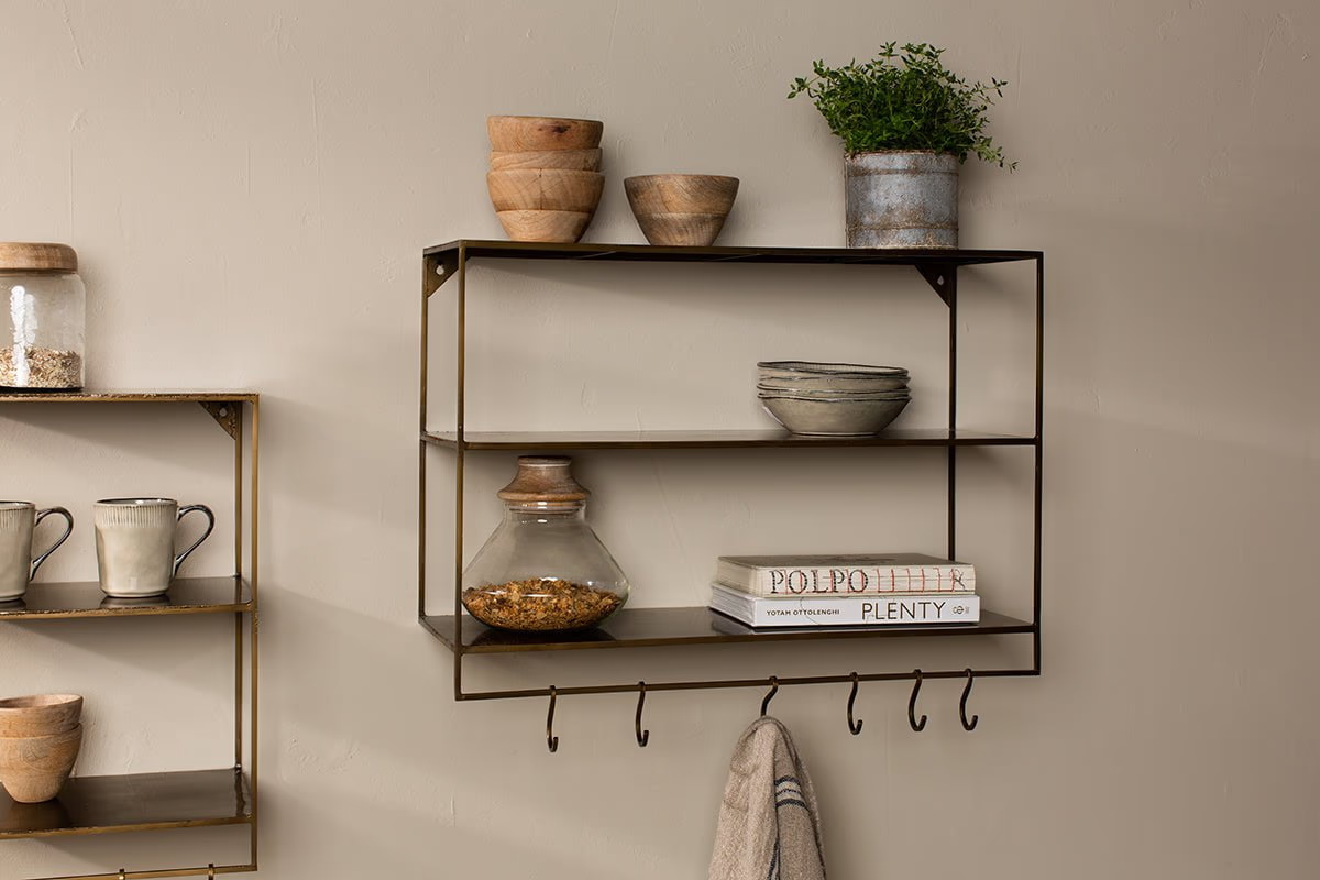 Nkuku - Meghana Iron Shelf With Hooks - Wide