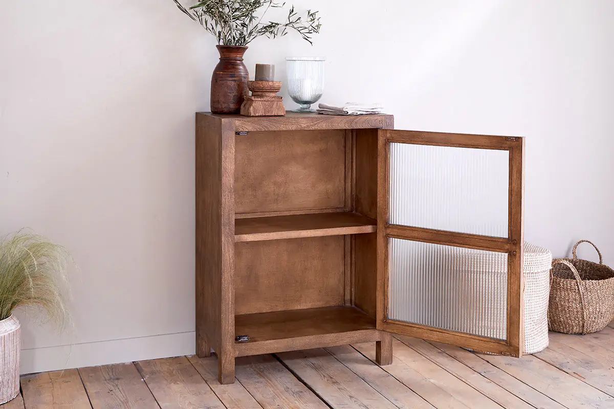 Nkuku - Mendani Mango Wood & Fluted Glass Glass Low Cabinet - Walnut Stain