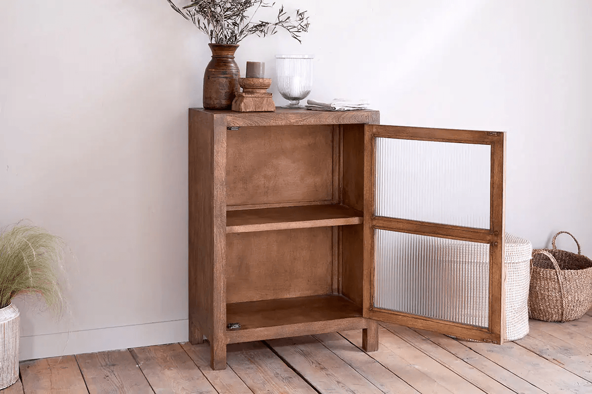 Nkuku - Mendani Mango Wood & Fluted Glass Glass Low Cabinet - Walnut Stain