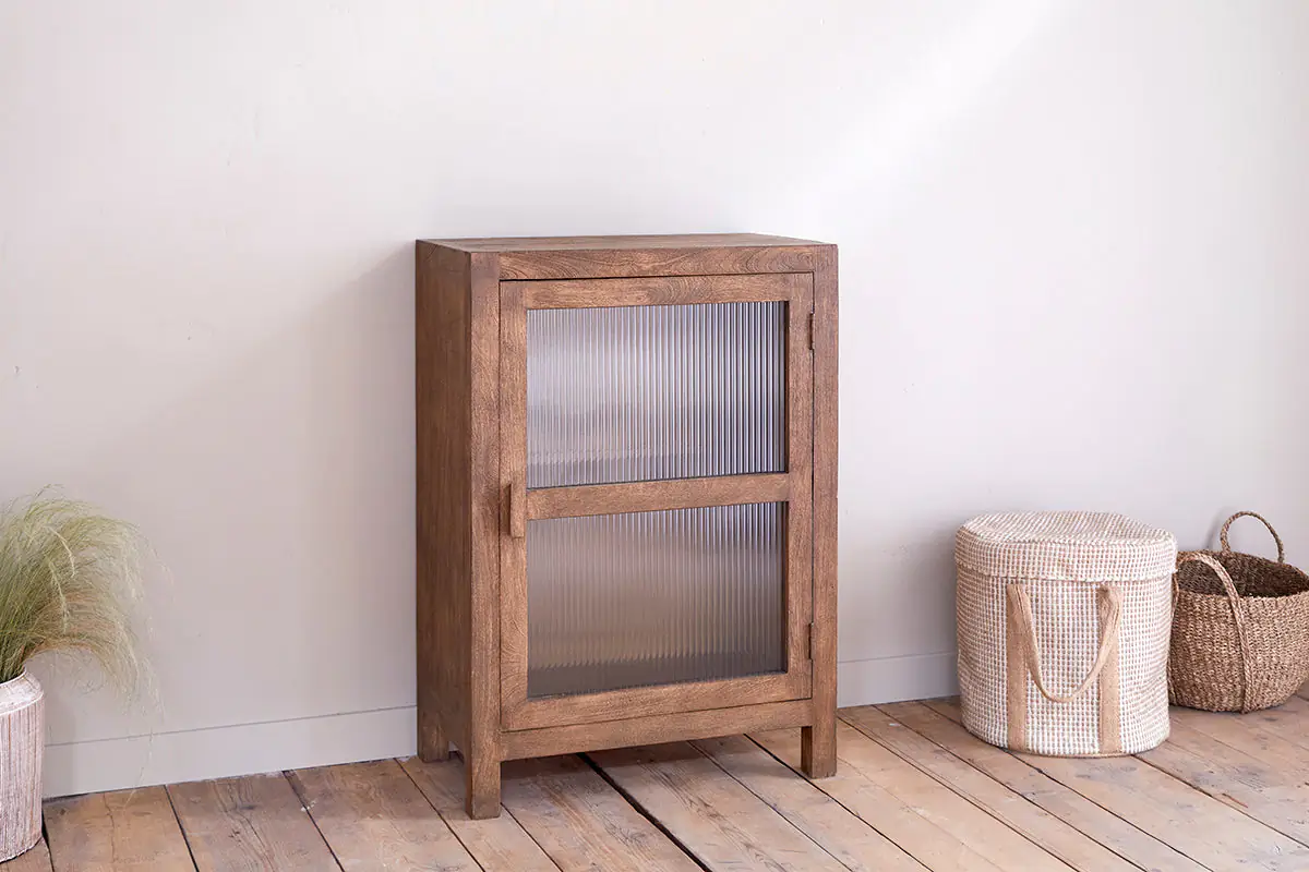 Nkuku - Mendani Mango Wood & Fluted Glass Glass Low Cabinet - Walnut Stain