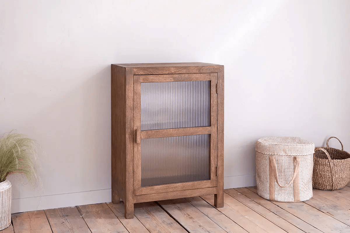 Nkuku - Mendani Mango Wood & Fluted Glass Glass Low Cabinet - Walnut Stain