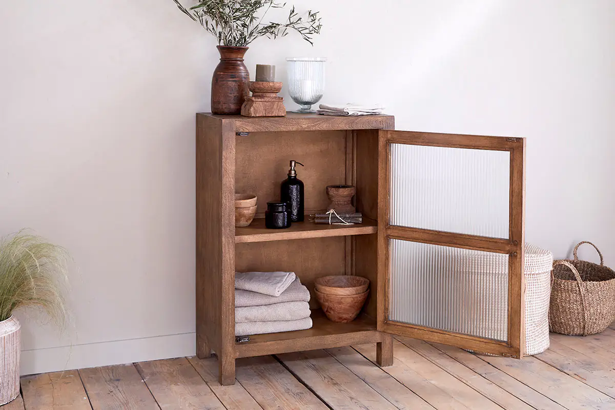 Nkuku - Mendani Mango Wood & Fluted Glass Glass Low Cabinet - Walnut Stain