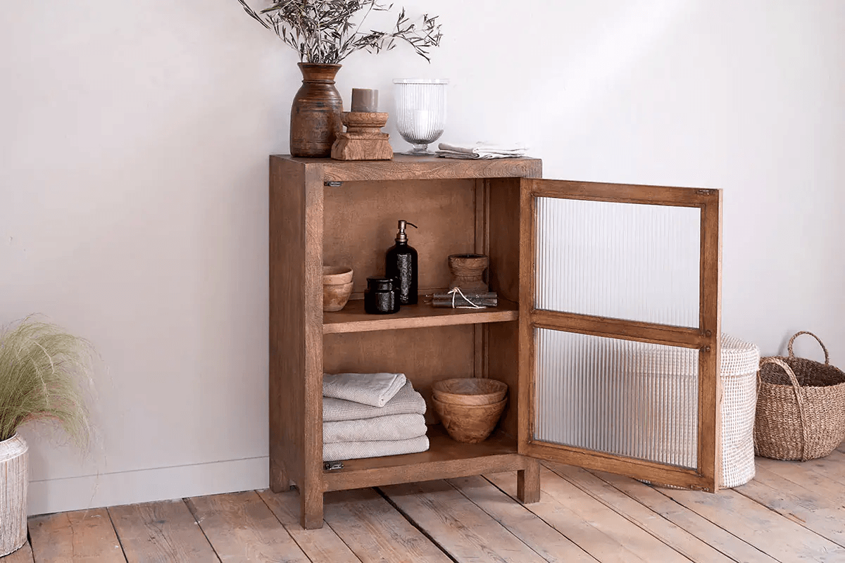 Nkuku - Mendani Mango Wood & Fluted Glass Glass Low Cabinet - Walnut Stain