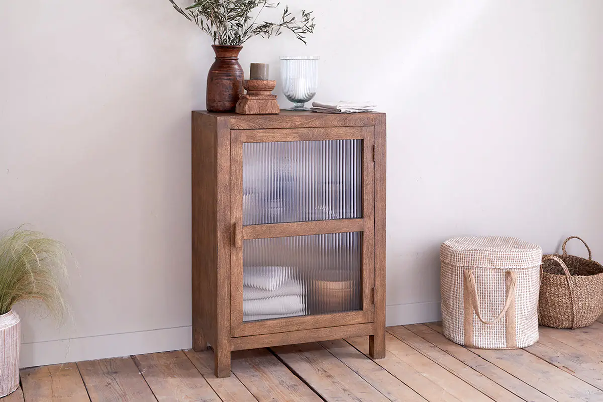 Nkuku - Mendani Mango Wood & Fluted Glass Glass Low Cabinet - Walnut Stain