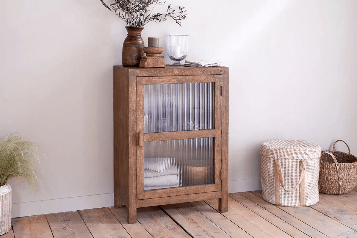 Nkuku - Mendani Mango Wood & Fluted Glass Glass Low Cabinet - Walnut Stain