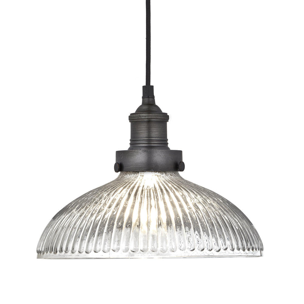 Industville - Brooklyn Pendant Light - Ribbed Glass Dome - 12 Inch - Pewter Pendant Holder