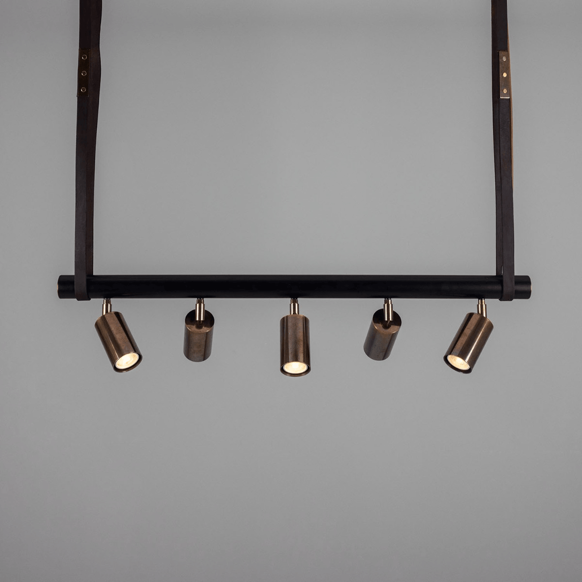 Mullan Holmes Linear Island Pendant with Leather Straps Five-Light - Powder-Coated Matte Black and Antique Brass Finish